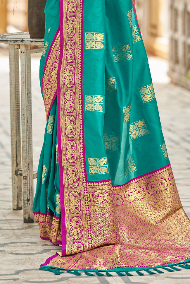 Teal With Pink Border Silk Traditional Saree