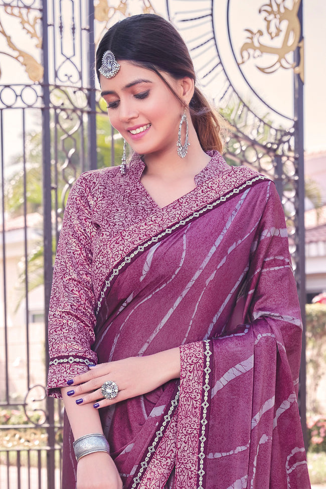 Purple Georgette Printed Saree With Border And Blouse Piece