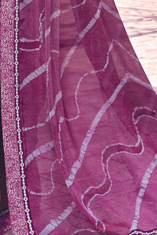 Purple Georgette Printed Saree With Border And Blouse Piece