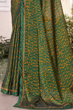 Forest Green Gerogette Printed Saree With Border And Blouse Piece