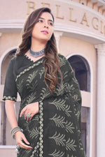 Black Gerogette Printed Saree With Border And Blouse Piece