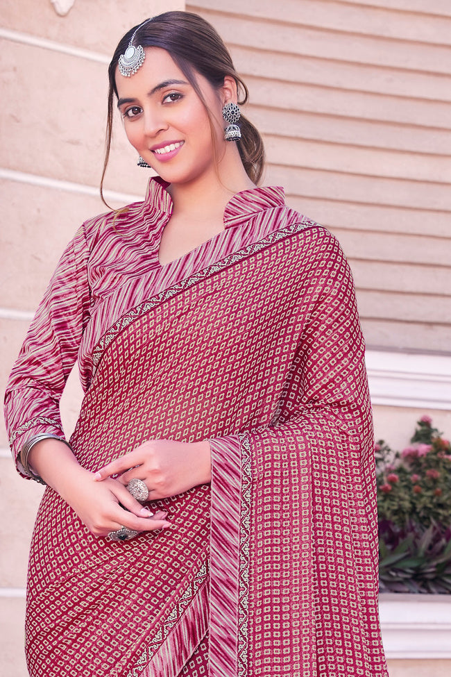 Maroon Georgette Printed Saree With Border And Blouse Piece