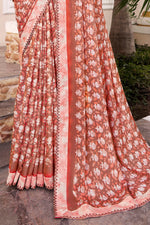 Rust Georgette Printed Saree With Border And Blouse Piec