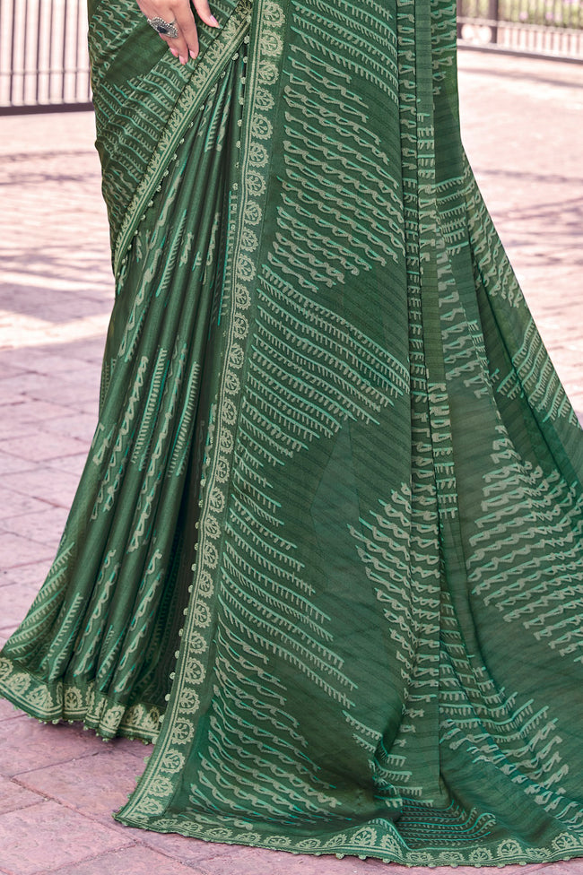 Hunter Green Georgette Printed Saree With Border And Blouse Piece