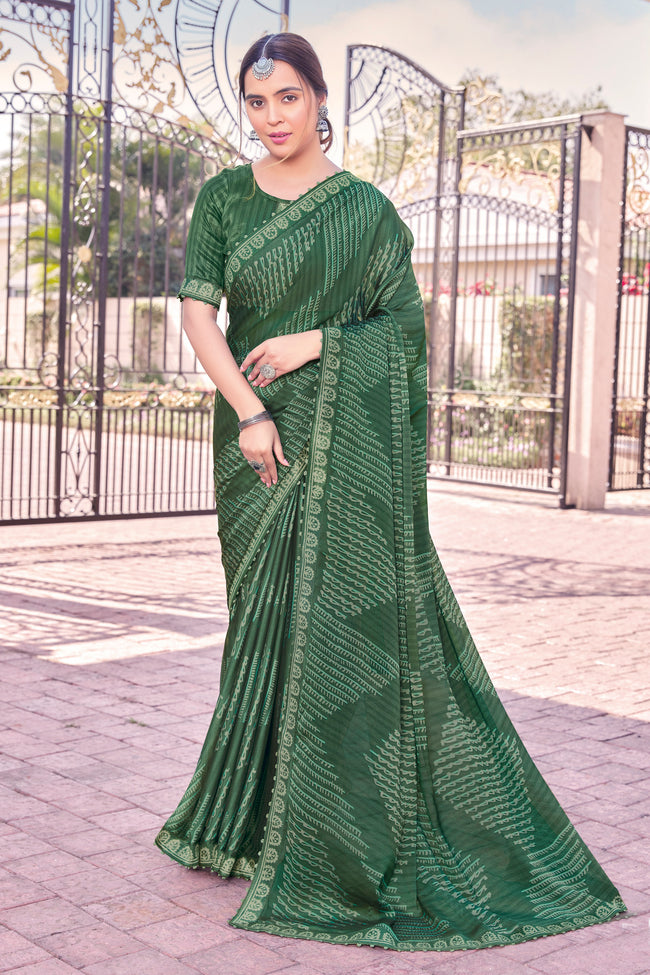 Hunter Green Georgette Printed Saree With Border And Blouse Piece