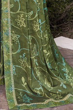 Olive Green Georgette Printed Saree With Border And Blouse Piece