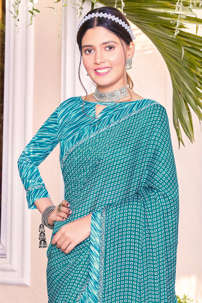 Turquoise Georgette Printed Saree With Border And Blouse Piece