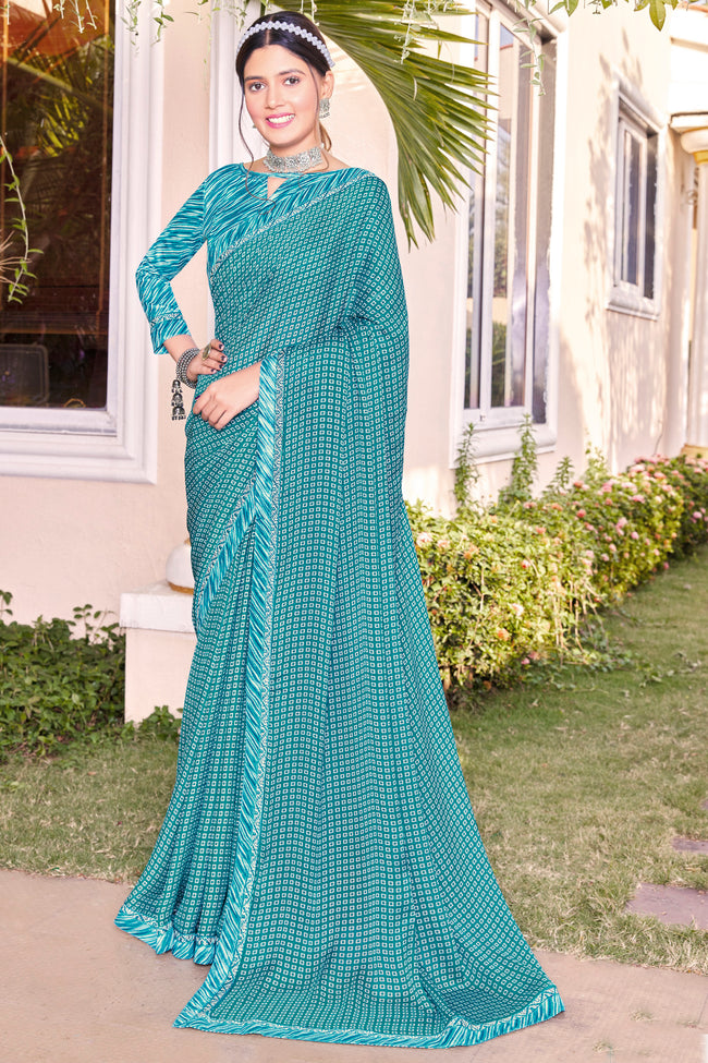 Turquoise Georgette Printed Saree With Border And Blouse Piece