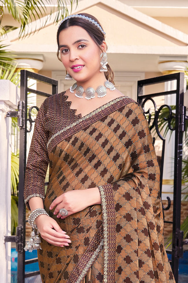 Brown Georgette Printed Saree With Border And Blouse Piece