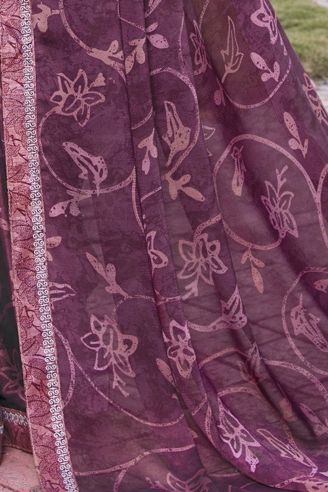 Magenta Georgette Printed Saree With Border And Blouse Piece
