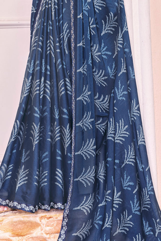 Navy Blue Gerogette Printed Saree With Border And Blouse Piece