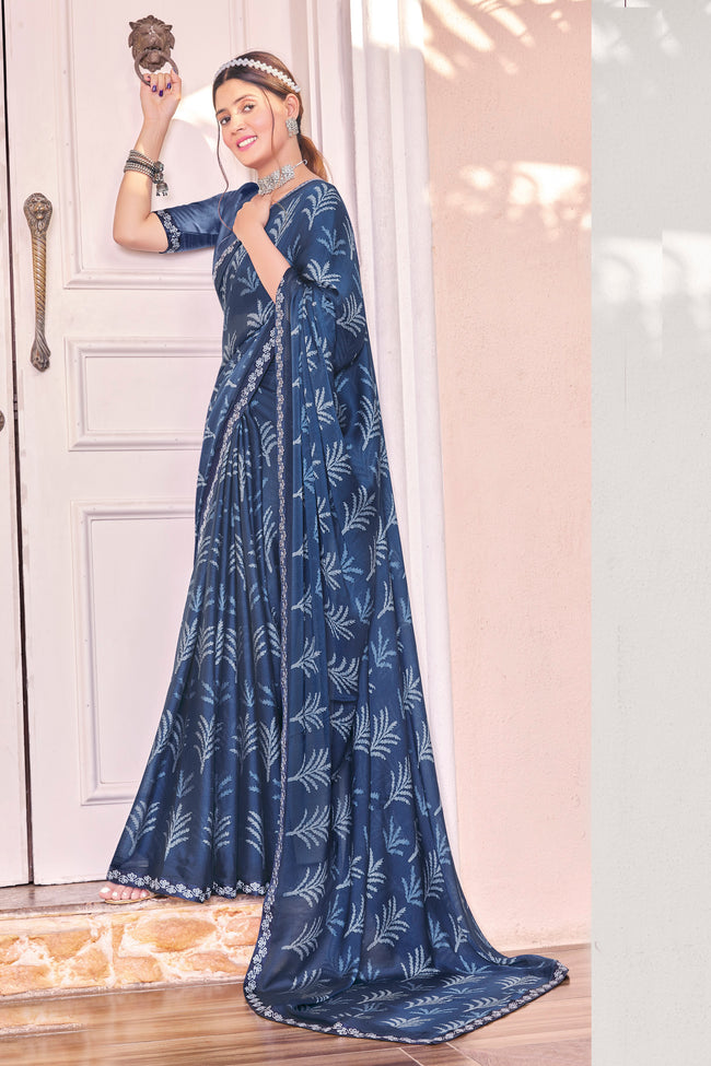 Navy Blue Gerogette Printed Saree With Border And Blouse Piece