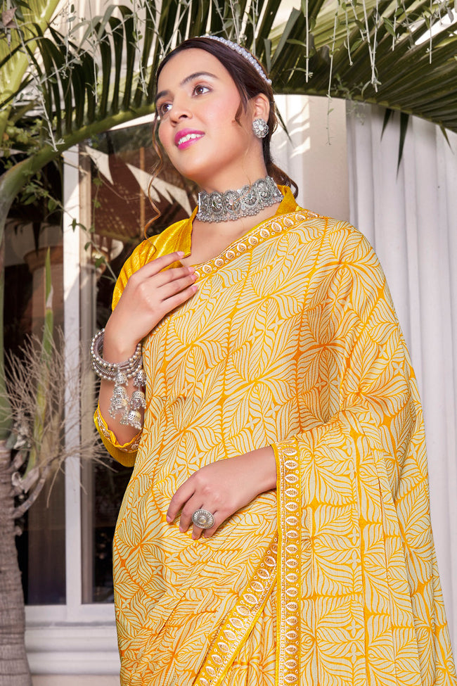 Yellow Georgette Printed Saree With Border And Blouse Piece