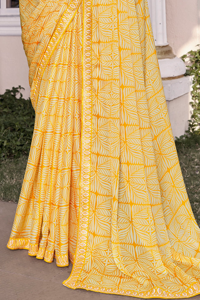 Yellow Georgette Printed Saree With Border And Blouse Piece