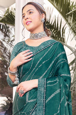 Dark Teal Georgette Printed Saree With Border And Blouse Piece