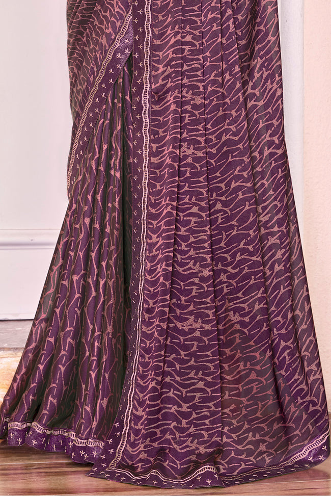 Plum Georgette Printed Saree With Border And Blouse Piece