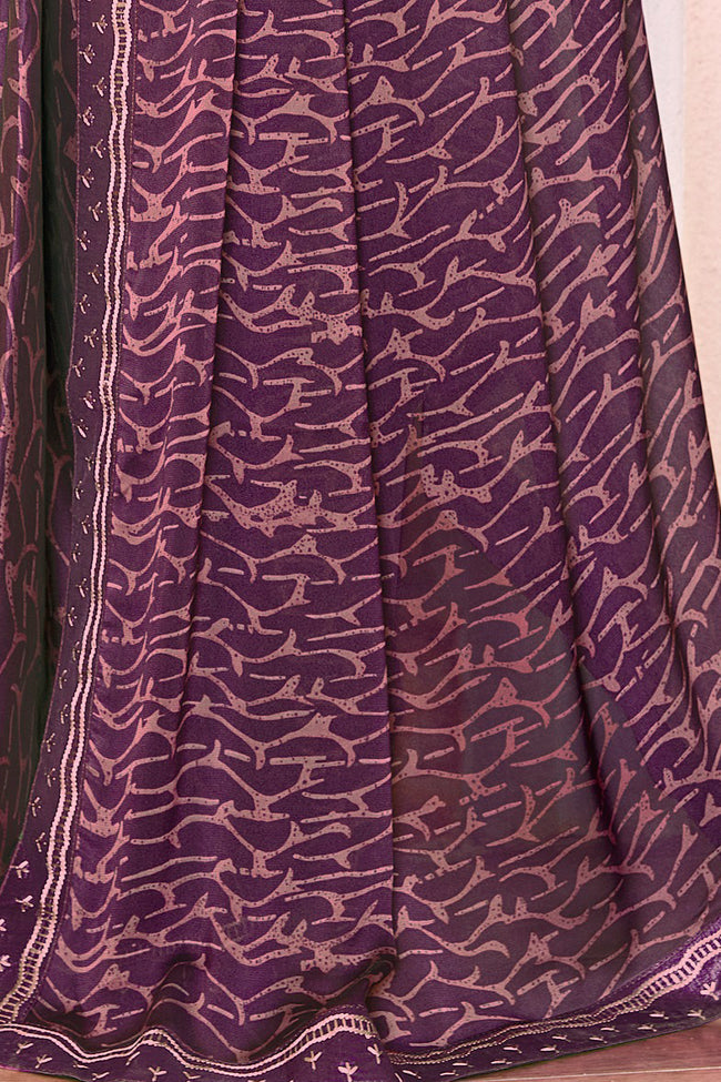 Plum Georgette Printed Saree With Border And Blouse Piece