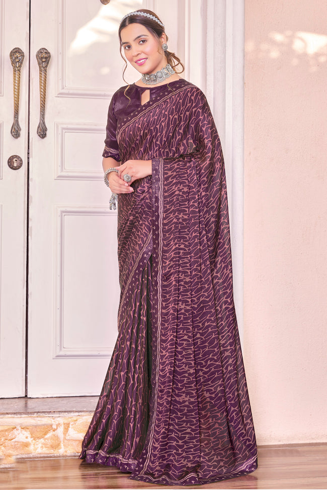 Plum Georgette Printed Saree With Border And Blouse Piece