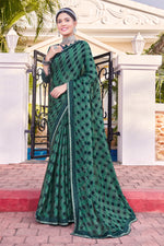 Mint Green Georgette Printed Saree With Border And Blouse Piece