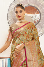 Beige & Red Silk Digital Print Saree With Woven Border And Woven Blouse Piece