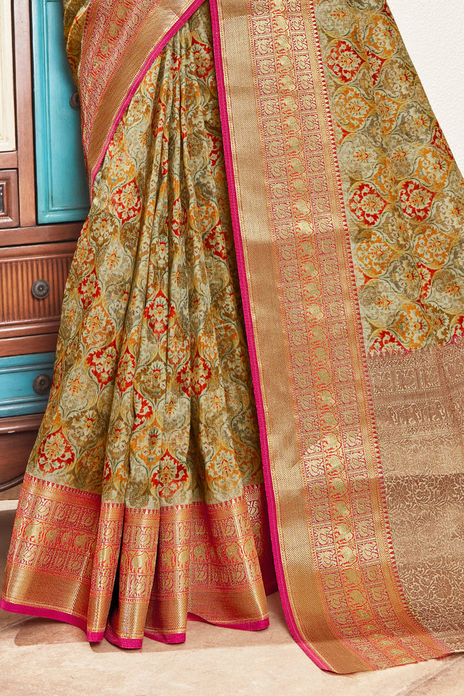 Beige & Red Silk Digital Print Saree With Woven Border And Woven Blouse Piece