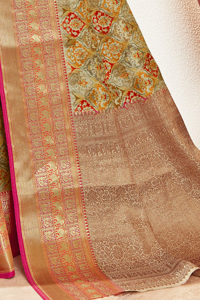 Beige & Red Silk Digital Print Saree With Woven Border And Woven Blouse Piece