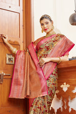 Multicolour Silk Digital Print Saree With Woven Border And Woven Blouse Piece
