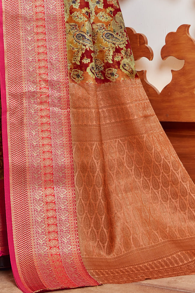 Multicolour Silk Digital Print Saree With Woven Border And Woven Blouse Piece