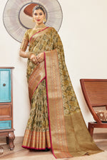Olive Silk Digital Print Saree With Woven Border And Woven Blouse Piece
