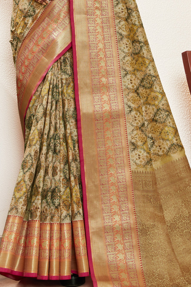 Olive Silk Digital Print Saree With Woven Border And Woven Blouse Piece