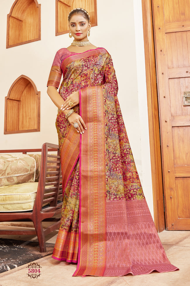 Crimson Silk Digital Print Saree With Woven Border And Woven Blouse Piece