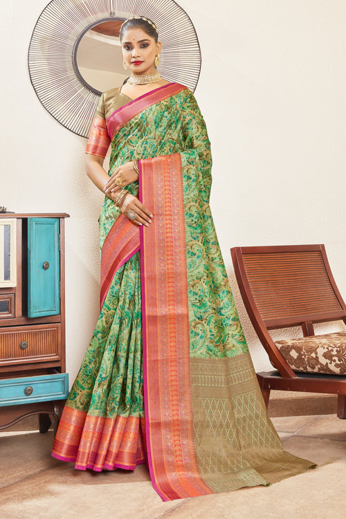 Sea Green Silk Digital Print Saree With Woven Border And Woven Blouse Piece
