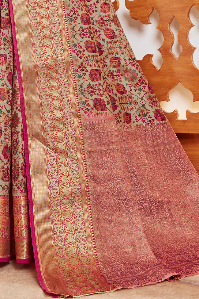 Raspberry Silk Digital Print Saree With Woven Border And Woven Blouse Piece