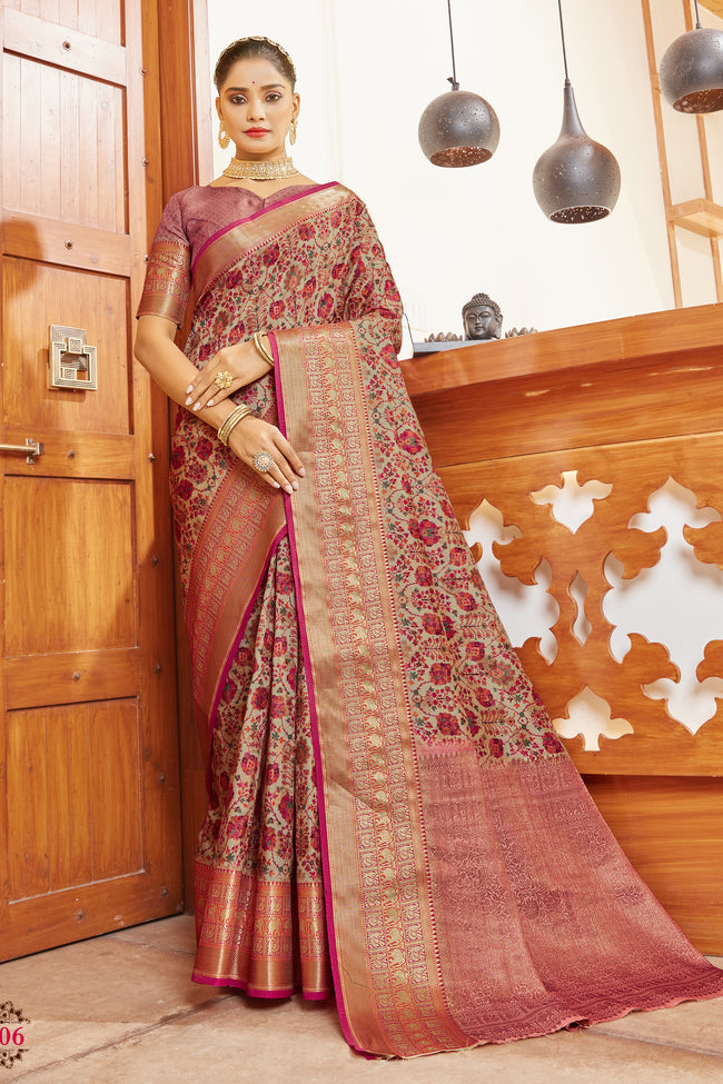 Raspberry Silk Digital Print Saree With Woven Border And Woven Blouse Piece