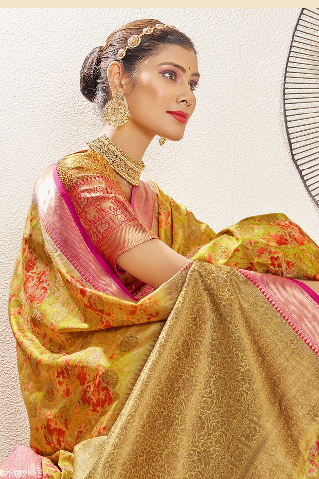 Cyber Yellow Silk Digital Print Saree With Woven Border And Woven Blouse Piece