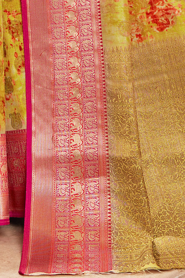 Cyber Yellow Silk Digital Print Saree With Woven Border And Woven Blouse Piece