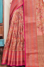 Salmon Silk Digital Print Saree With Woven Border And Woven Blouse Piece