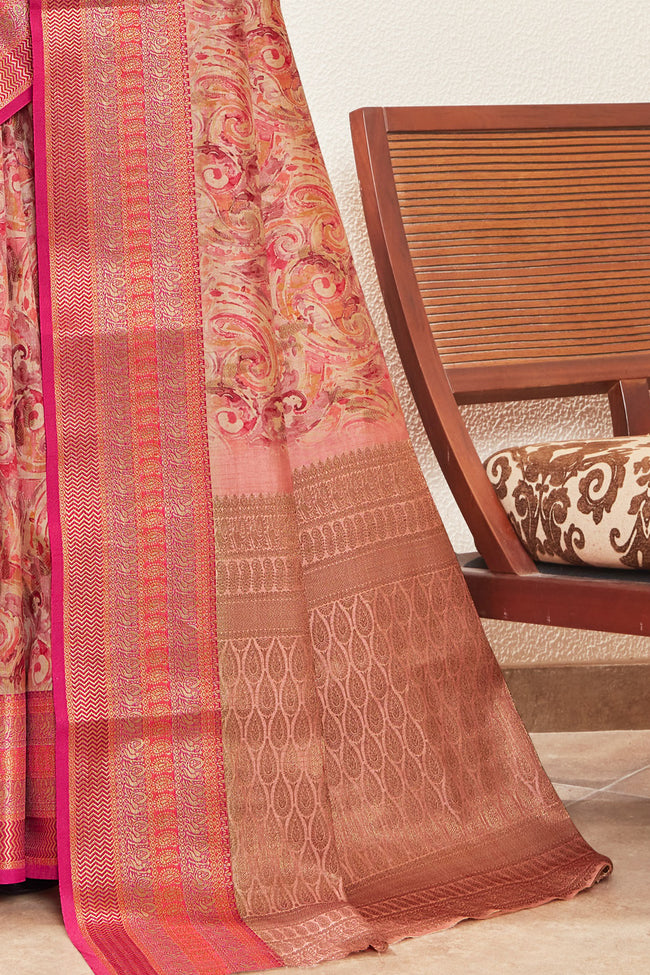 Salmon Silk Digital Print Saree With Woven Border And Woven Blouse Piece