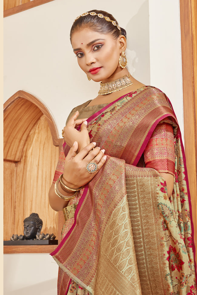 Sepia Silk Digital Print Saree With Woven Border And Woven Blouse Piece
