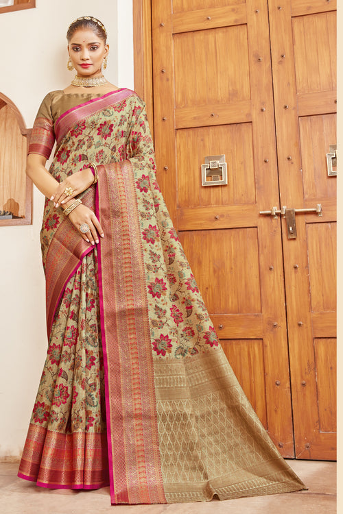 Sepia Silk Digital Print Saree With Woven Border And Woven Blouse Piece