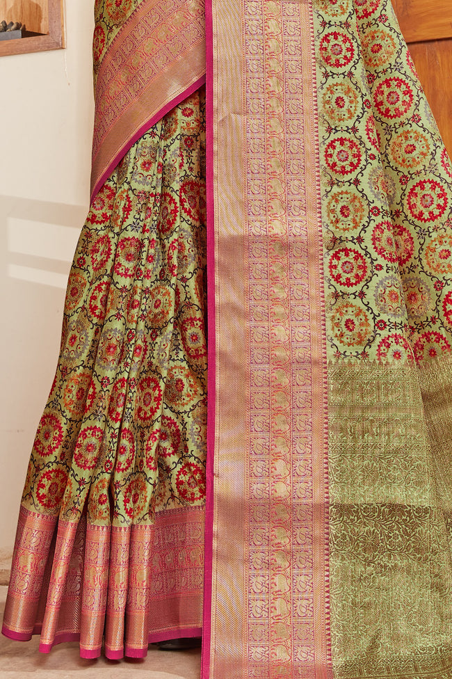 Moss Green Silk Digital Print Saree With Woven Border And Woven Blouse Piece