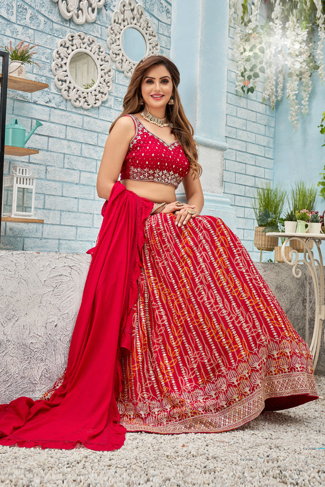 Red Sequin Embroidered Silk Bridal Lehenga