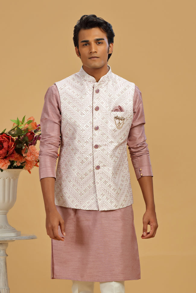 Beige kurta jacket set for Men