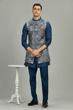Blue kurta jacket set for Men