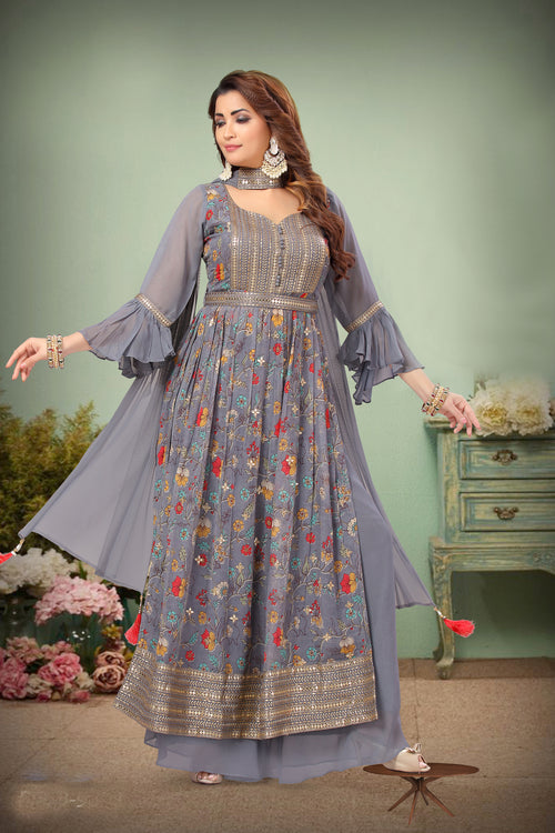 Grey With Floral Print Embroidery Palazzo