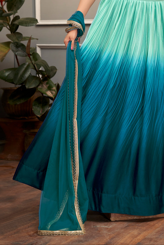 Teal crop top in contrast with Embroidery Lehenga