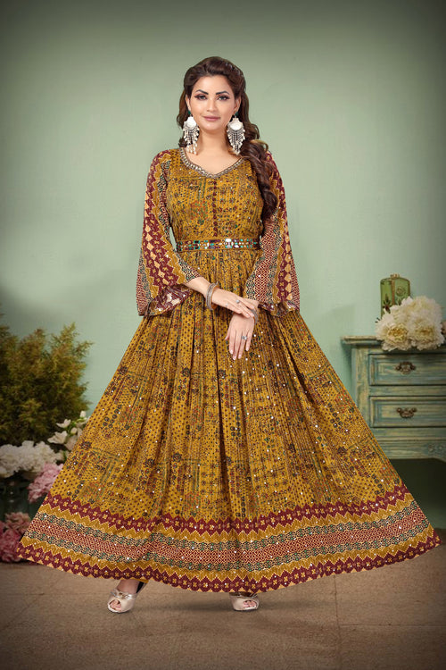 Amber Yellow Mirror Work Embroidery Gown