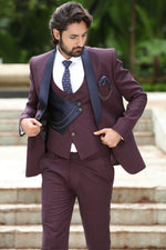Maroon 3 Piece Checks Elegant Formal Fashion Men Suits