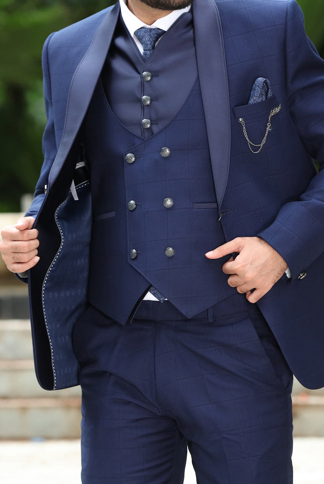 Royal Blue 3 Piece big checks Elegant Formal Fashion Men Suits