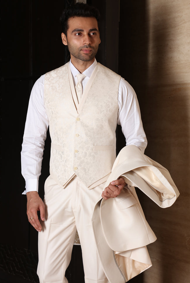 Cream 3 Piece Abstract print Elegant Formal Fashion Men Suits